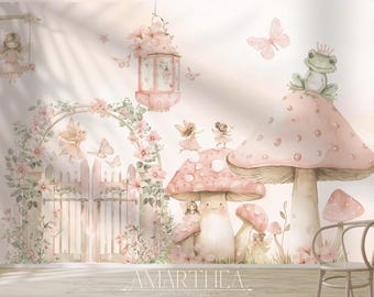 Papel pintado de hadas - Impresión artística de hadas - Arte mural de hadas - Decoración de habitación de hadas en acuarela - Mural de cuento de hadas - Papel pintado para habitación infantil - Design1005