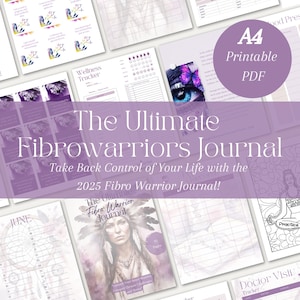May include: A purple and white printable journal with the text "The Ultimate Fibrowarriors Journal" and "Take Back Control of Your Life with the 2025 Fibro Warrior Journal!"  The journal cover features a Native American woman with a feather headdress.