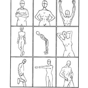 Peut inclure: Neuf croquis en noir et blanc de figures humaines dans diverses poses. Les figures sont dessinées avec des lignes simples, représentant différentes actions et postures, comme les bras croisés, les bras levés et se pencher.