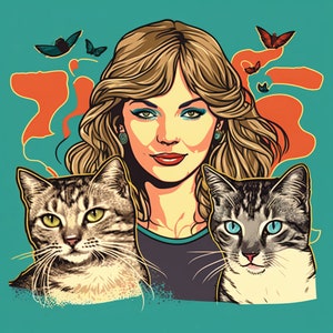 Könnte beinhalten: Eine Frau mit langen blonden Haaren und blauem Lidschatten ist mit zwei getigerten Katzen abgebildet. Die Frau trägt ein blaues Hemd und die Katzen schauen in die Kamera. Der Hintergrund ist türkisfarben mit orangefarbenen und roten Wirbeln.