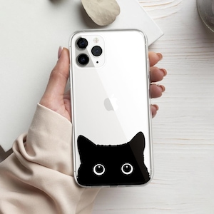 Cute Curious Black Cat Phone Case Clear Case Cover fit for iPhone 15 Pro Max, 14, 13, 12, 11, XR, 8+, 7 & Samsung S23, S22, A14, A54
