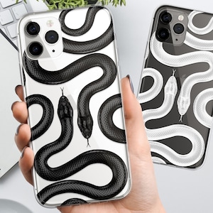 Coque de téléphone transparente noire serpent style tatouage pour iPhone 16 Pro Max 15 14 13 12 11 XS Plus Samsung S25 S24 A55 A54
