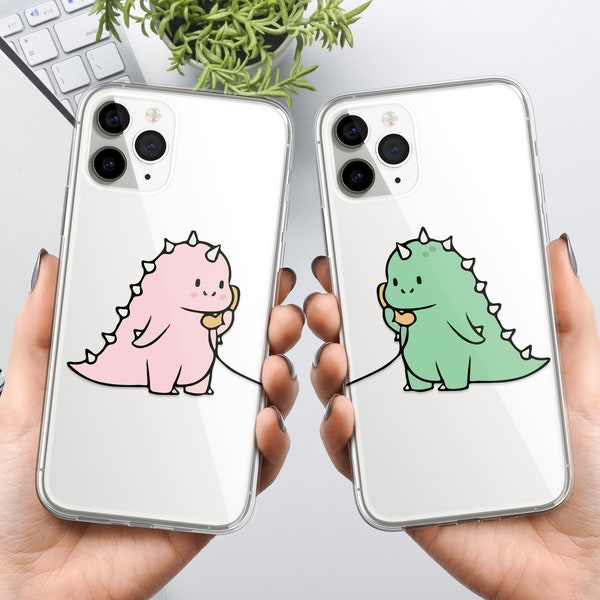 Cute Cartoon Dinosaur Couple Phone Case Cover fit For iPhone 15 Pro Max, 14, 13, 12, 11, XR, 8+, 7 & Samsung S23, S22, A14, A54