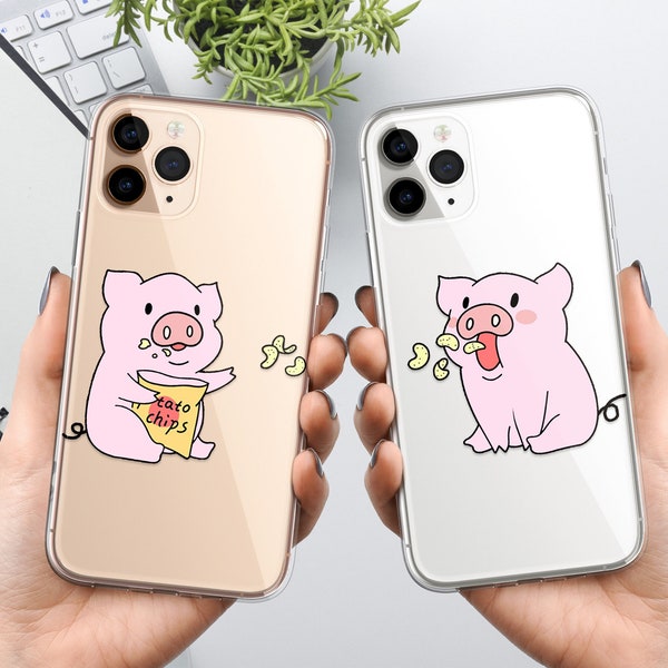 Funny Couple Cartoon Pig Phone Case Cover adapté pour iPhone 15 Pro Max, 14, 13, 12, 11, XR, 8+, 7 et Samsung S23, S22, A14, A54