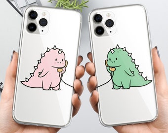 Couverture mignonne de cas de téléphone de couple de dinosaure de dessin animé adaptée pour iPhone 15 Pro Max, 14, 13, 12, 11, XR, 8+, 7 et Samsung S23, S22, A14, A54