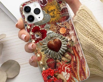 Vintage Mosaic Print Phone Case, Red Sacred Heart Sun Cover fit for iPhone 17 Pro Max, 16e, 15, 14, 12 & Samsung S25 Ultra, S24 FE, A56,