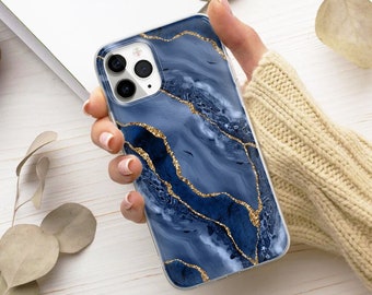 Navy Blue Gold Glitter Marble Phone Case Cover fit for iPhone 17 Pro Max, 16e, 15, 14, 12 & Samsung S25 Ultra, S24 FE, A56, Pixel 9 Pro 8