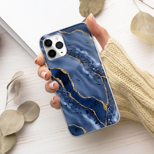 Navy Blue Gold Glitter Marble Phone Case Cover fit for iPhone 15 Pro Max, 14, 13, 12, 11, XR, 8+, 7 & Samsung S23, S22, A14, A54