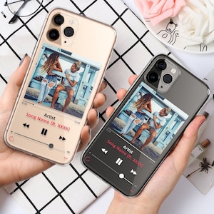 Étui pour téléphone avec lecteur de musique et plaque personnalisée pour iPhone 16 Pro Max 15 14 13 12 11 XS Plus Samsung S25 S24 A55 A54 Pixel 9 Pro 8