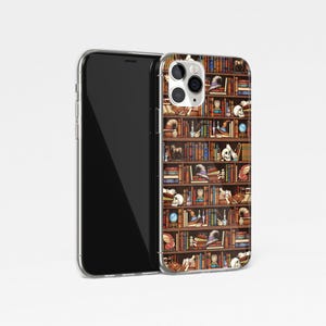 May include: A clear phone case with a colorful design of a bookshelf filled with books, potions, and other magical items. The case is compatible with iPhone models.