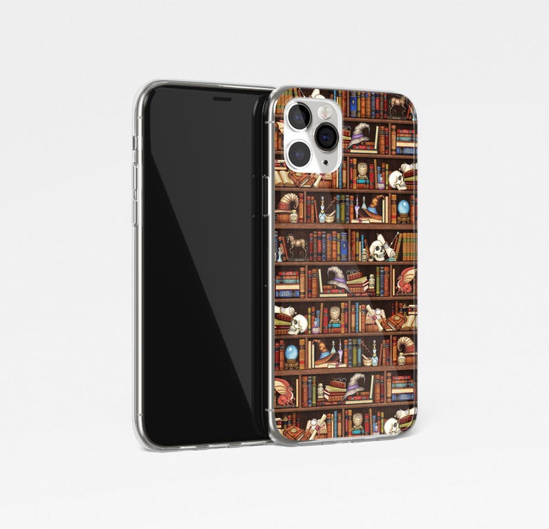 May include: A clear phone case with a colorful design of a bookshelf filled with books, potions, and other magical items. The case is compatible with iPhone models.