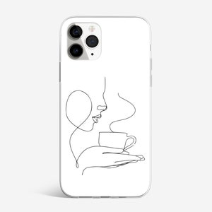 May include: A white phone case with a black line drawing of a person drinking from a cup. The drawing is stylized and minimalist.