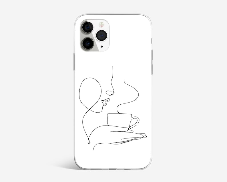 May include: A white phone case with a black line drawing of a person drinking from a cup. The drawing is stylized and minimalist.
