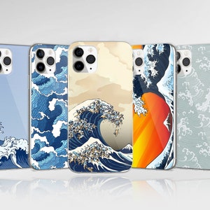 May include: Five different phone cases featuring a wave design. The cases are all clear and reveal the phone's colour underneath. The wave designs are all unique, but they all share a blue and white colour scheme.