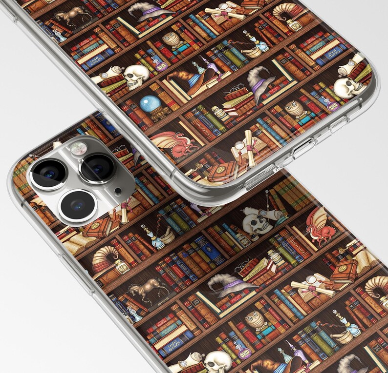 May include: A clear phone case with a design of a bookshelf filled with books, potions, and other magical items. The bookshelf is brown with gold accents. The phone case is designed for an iPhone.