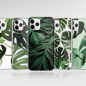 Coque de téléphone verte feuilles de Monstera à fleurs pour iPhone 16 Pro Max 15 14 13 12 11 XS Plus Samsung S25 S24 A55 A54 Pixel 9 Pro 8