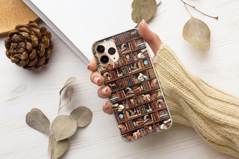 Autumn Fall, Halloween, Bookish, Bookcase, Library, Skull, Faux Embroidery, Bookshelf