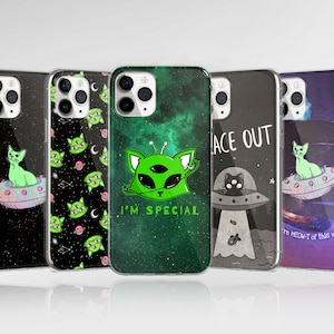 Space Alien Cat Phone Case UFO Cover fit for iPhone 17 Pro Max, 16e, 15, 14, 12 & Samsung S25 Ultra, S24 FE, A56, Pixel 9 Pro 8