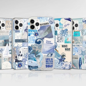 Étui pour téléphone bleu océan Beach Vibe Collage Cover pour iPhone 16 Pro Max 15 14 13 12 11 XS Plus Samsung S25 S24 A55 A54 Pixel 9, Pixel 8