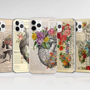 Jolie coque de téléphone florale avec anatomie des pièces du squelette pour iPhone 16 Pro Max 15 14 13 12 11 XS Plus Samsung S25 S24 A55 A54 Pixel 7 8