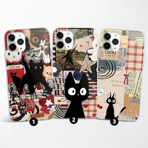 Aesthetic Black Cat Phone Case Japan Kitty Art Cover fit for iPhone 16 Pro Max 15 14 13 12 11 XS Plus Samsung S25 S24 A55 A54 Pixel 9 Pro 8