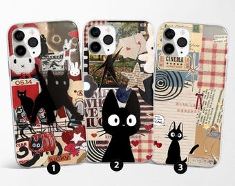 Esthetische zwarte kat telefoonhoesje Japan Kitty Art Cover geschikt voor iPhone 17 Pro Max, 16e, 15, 14, 12 en Samsung S25 Ultra, S24 FE, A56, Pixel 10