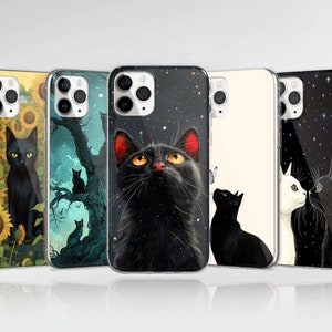 Black Cat Phone Case Cute Cat Cover fit for iPhone 16 Pro Max 15 14 13 12 11 XS Plus Samsung S25 S24 A55 A54 Pixel 9 Pro 8, Pixel 8