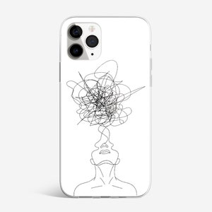 May include: A black and white line drawing of a person with a tangled mess of lines above their head, representing thoughts or emotions.
