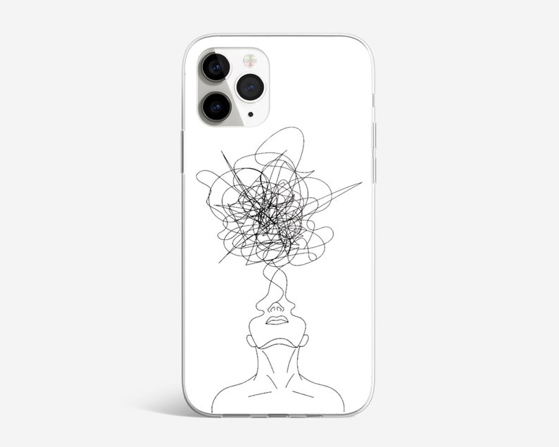 May include: A black and white line drawing of a person with a tangled mess of lines above their head, representing thoughts or emotions.