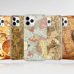 Vintage Weltkarte Handyhülle Retro Kompass Cover passend für iPhone 16 Pro Max 15 14 13 12 11 XS Plus Samsung S25 S24 A55 A54 Pixel 9 Pro 8