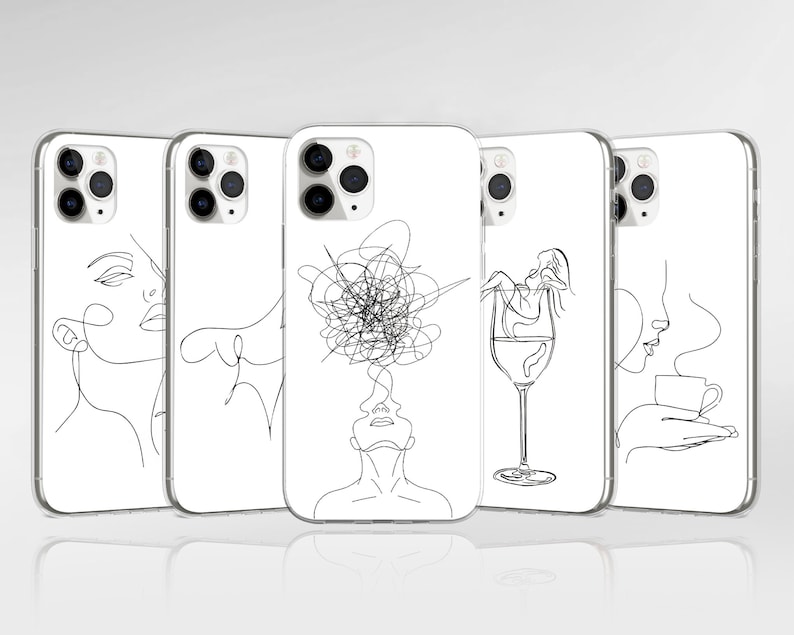 May include: Set of five phone cases with different minimalist line art designs. The designs include a woman's face, a glass of wine, a cup of coffee, and a head with a swirl of lines.