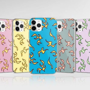 May include: Four clear phone cases with different colored backgrounds and a flame pattern. The cases are pink, yellow, blue, and green.