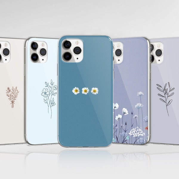 Cute Flowers Phone Case Minimalist Cover adapté pour iPhone 15 Pro Max, 14, 13, 12, 11, XR, 8+, 7 et Samsung S23, S22, A14, A54