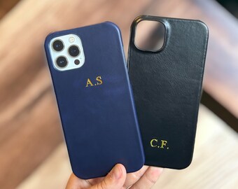 Étui de téléphone en cuir embossé avec prénom en cuir personnalisé pour iPhone 15 14, 13 12, 11 Pro Max Plus gravé Étui personnalisé