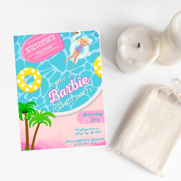 Pool Party Invitation, Summer Party Invite, Editable Template, Barbie Pool Party Invite, Canva Template, Any Age, Bachelorette Pool Party