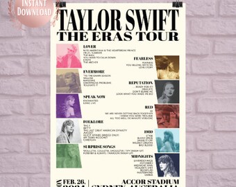 Syndey, Australia Night 4 | Eras Tour Setlist Poster | 2024 Concert Poster | Tour Merch | Wall Art | Digital Download