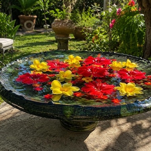 Puede incluir: Un baño para pájaros circular de cerámica verde oscuro lleno de agua con flores de hibisco rojo brillante y pequeñas flores amarillas flotando. El cuenco tiene un borde texturizado e irregular sobre una base de pedestal corta.