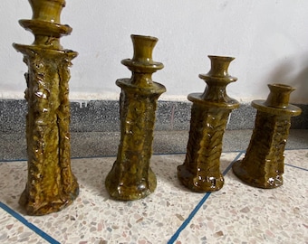 Conjunto de 4 castiçais Tamegroute, feitos à mão em cerâmica marroquina, para velas em cerâmica ocre, decoração rústica boho para casa, estilo vintage.