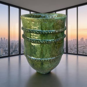 May include: A large, green ceramic vessel with a textured surface and decorative beaded bands. The vessel has a wide opening and a rounded base. The color is a mottled green with hints of blue. The vessel is displayed in a modern room with a city view.