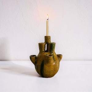 Large Tamegroute Candelabra, 8 Arm Moroccan Candle Holder, Handmade Ceramic Chandelier, Yellow Green Pottery Decor, Statement Centerpiece
