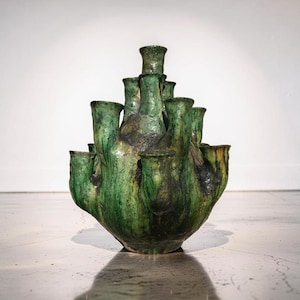 Large Tamegroute Candelabra | Handmade Moroccan Green Ceramic Chandelier | Sculptural Multi-Branch Candle Holder |Artisan Pottery Decor 55cm