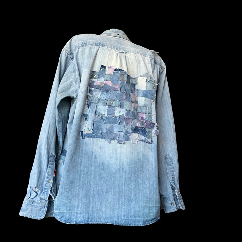 Pre-Order Sky Blue Oversized Checkered Denim Exposed Seam Patchwork Casual Sweatshirt