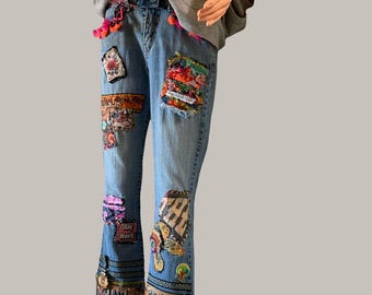 Upcycled Medium Wash and Highly Embellished Flare Bottom Jean with Tassels size 28