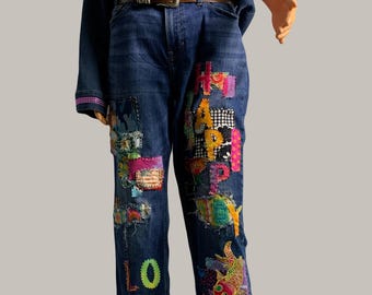 Upcycled and Distressed Boyfriend Jean Embellished with Multi Media Patches