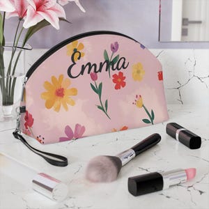 Flowers Makeup Bag with Custom Name | Stylish Travel Cosmetic Pouch | Perfect Gift for Beauty Lovers, Bridesmaids, Birthdays, Glossy Finish