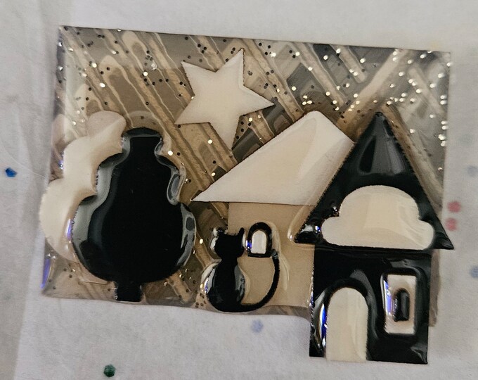Vintage House Pins By Lucinda 3D Black heart trees houses White Brooch (Shelf)