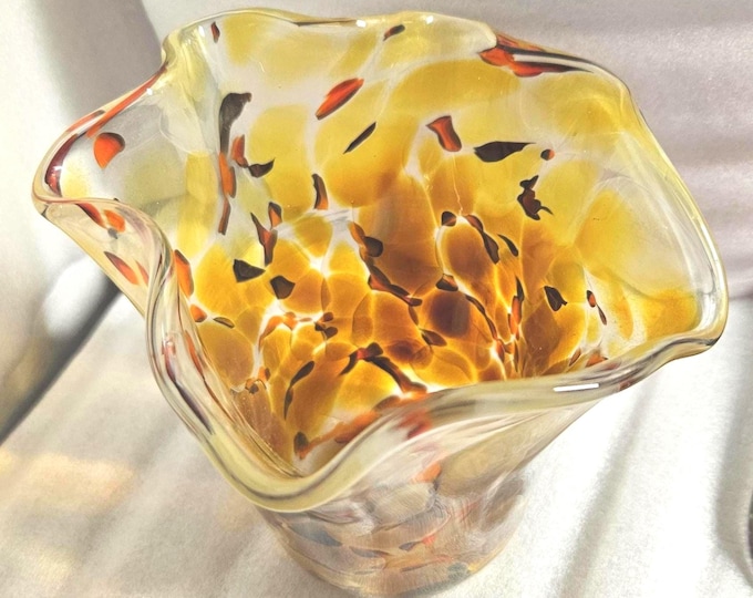 1994 Zorza Hand-Blown Art Glass Handkerchief Vase in Amber Red, signed.