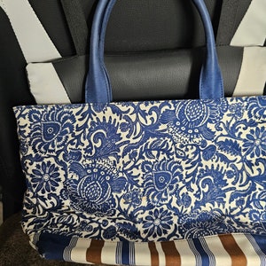 Talbots Blue White Floral Paisley Brown Stripes Coated Cotton Bag Handbag F4/22