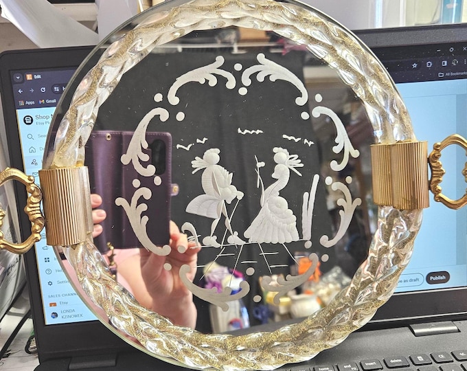 Murano Barovier Style Italian Engraved Mirror Tray with Gold handles C9/8