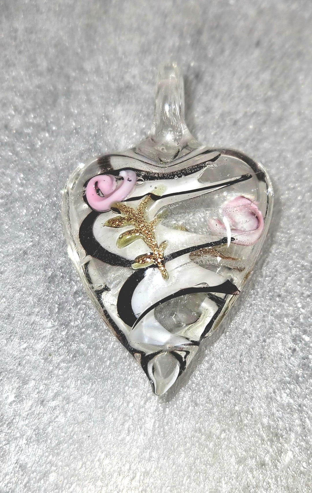 Pendentif Cœur En Verre Soufflé Ambre - Ancien, Cordon 52 Cm - Occasion Très Bon état